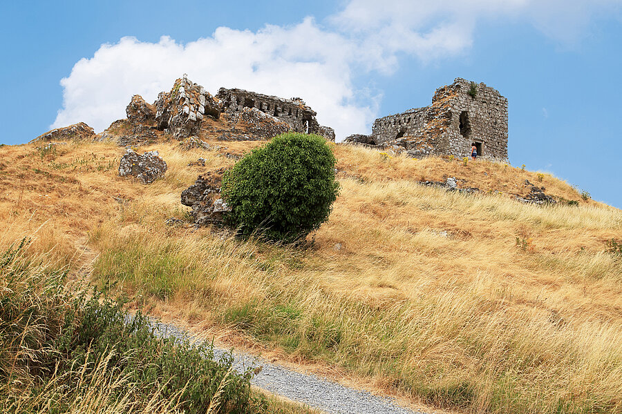 Blick hoch zu den oberen Ruinen am Rock of Dunamase